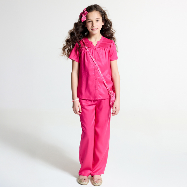 بلوزة بأكمام قصيرة وردية سادة للفتيات